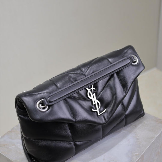 YSL 25S LOULOU PUFFER MM 29 IN BLACK CALFSKIN SILVER HARDWARE
