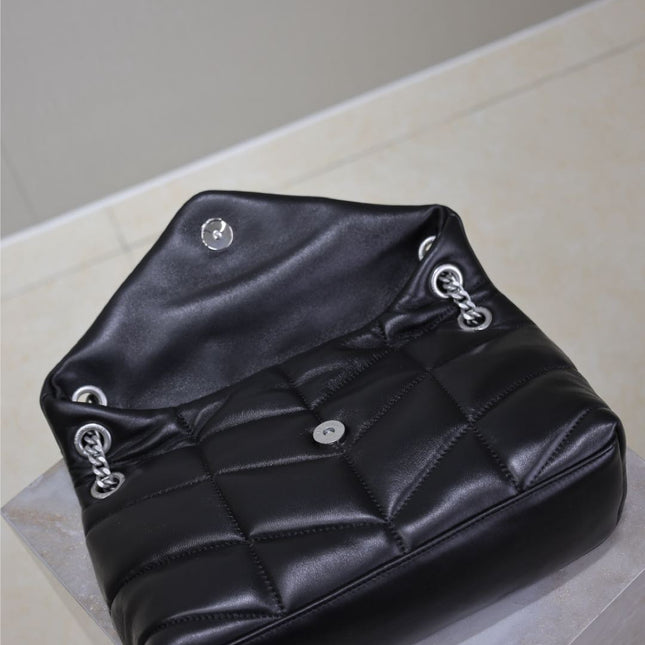 YSL 25S LOULOU PUFFER MM 29 IN BLACK CALFSKIN SILVER HARDWARE