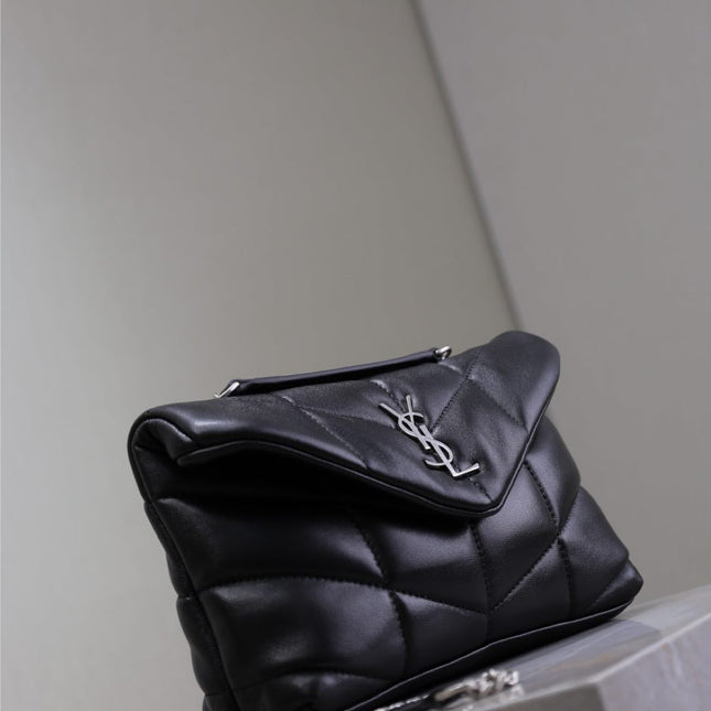 YSL 25S LOULOU PUFFER MINI 23 IN BLACK CALFSKIN SILVER HARDWARE