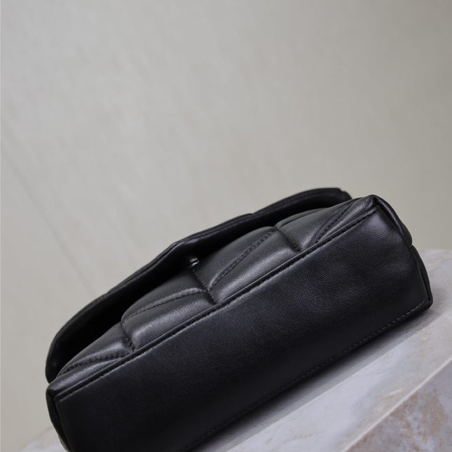YSL 25S LOULOU PUFFER MINI 23 IN BLACK CALFSKIN SILVER HARDWARE