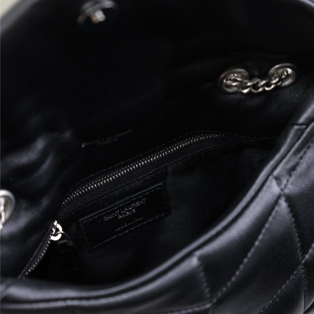 YSL 25S LOULOU PUFFER MINI 23 IN BLACK CALFSKIN SILVER HARDWARE