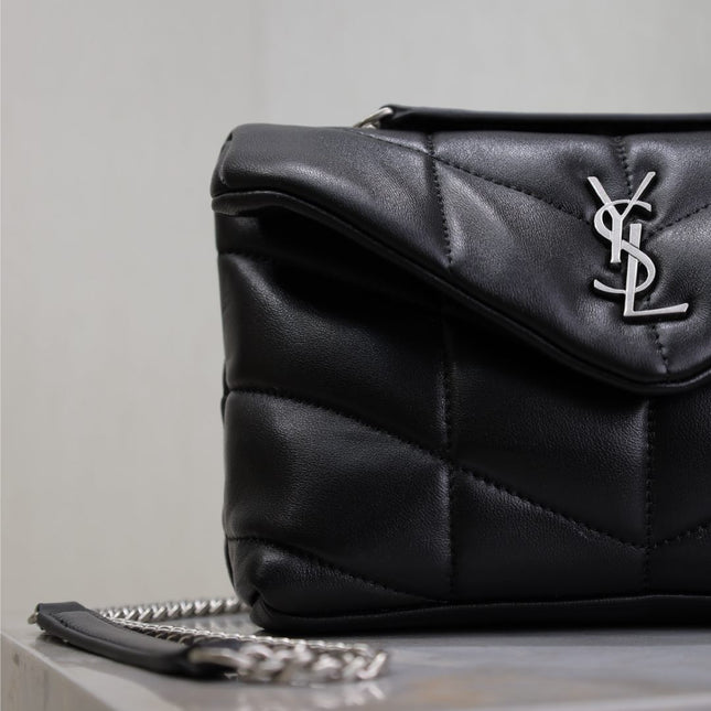 YSL 25S LOULOU PUFFER MINI 23 IN BLACK CALFSKIN SILVER HARDWARE
