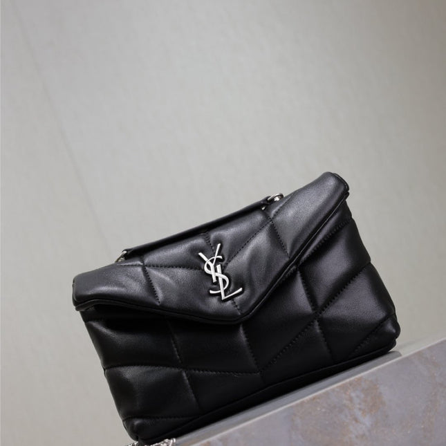 YSL 25S LOULOU PUFFER MINI 23 IN BLACK CALFSKIN SILVER HARDWARE