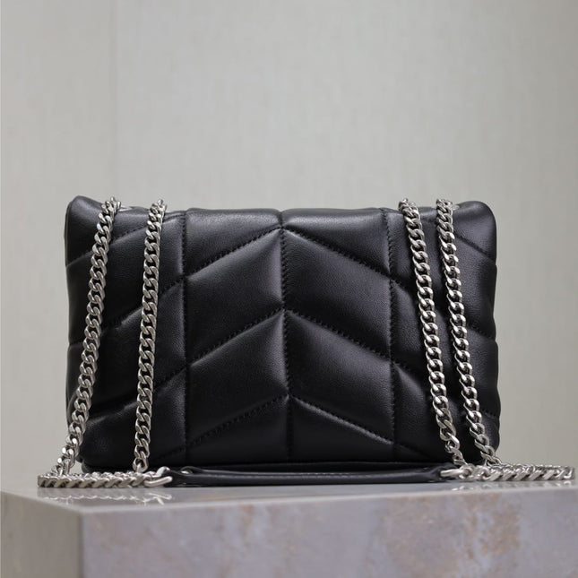 YSL 25S LOULOU PUFFER MINI 23 IN BLACK CALFSKIN SILVER HARDWARE