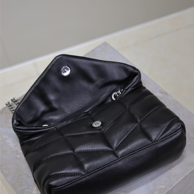 YSL 25S LOULOU PUFFER MINI 23 IN BLACK CALFSKIN SILVER HARDWARE