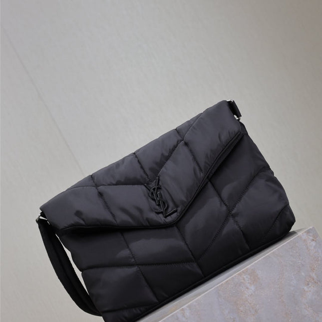YSL 25S LOULOU PUFFER BAG 34 IN BLACK NYLON SILVER HARDWARE