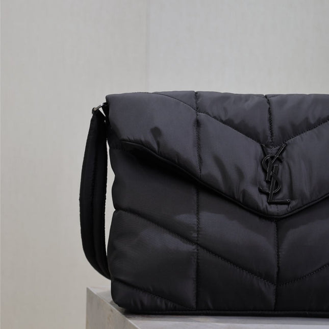 YSL 25S LOULOU PUFFER BAG 34 IN BLACK NYLON SILVER HARDWARE