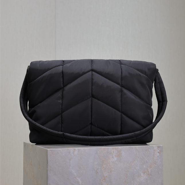 YSL 25S LOULOU PUFFER BAG 34 IN BLACK NYLON SILVER HARDWARE