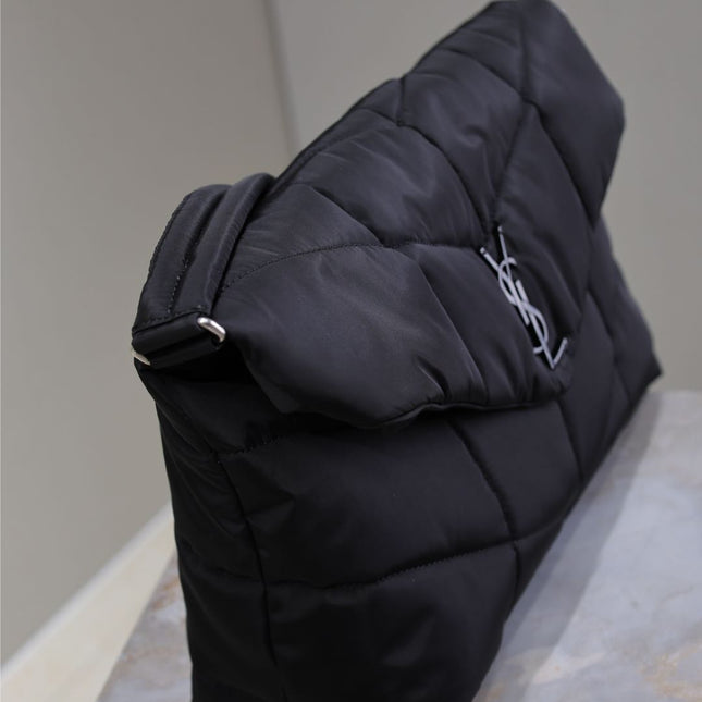 YSL 25S LOULOU PUFFER BAG 34 IN BLACK NYLON SILVER HARDWARE