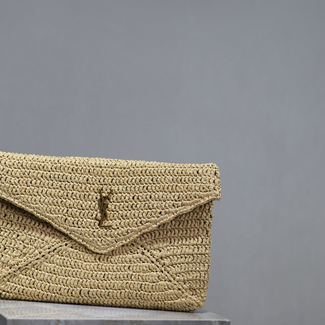 YSL 25S CASSANDRE LARGE ENVELOPE POUCH 29 IN NATURAL RAFFIA GOLD HARDWARE