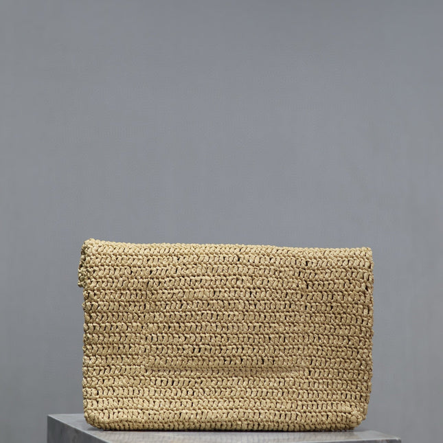 YSL 25S CASSANDRE LARGE ENVELOPE POUCH 29 IN NATURAL RAFFIA GOLD HARDWARE
