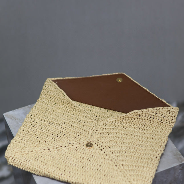YSL 25S CASSANDRE LARGE ENVELOPE POUCH 29 IN NATURAL RAFFIA GOLD HARDWARE