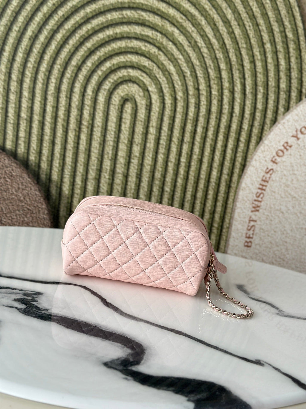 CHANEL 26S CLASSIC QUILTED COSMETIC POUCH 18 IN LIGHT PINK GRAINED CALFSKIN GOLD HARDWARE