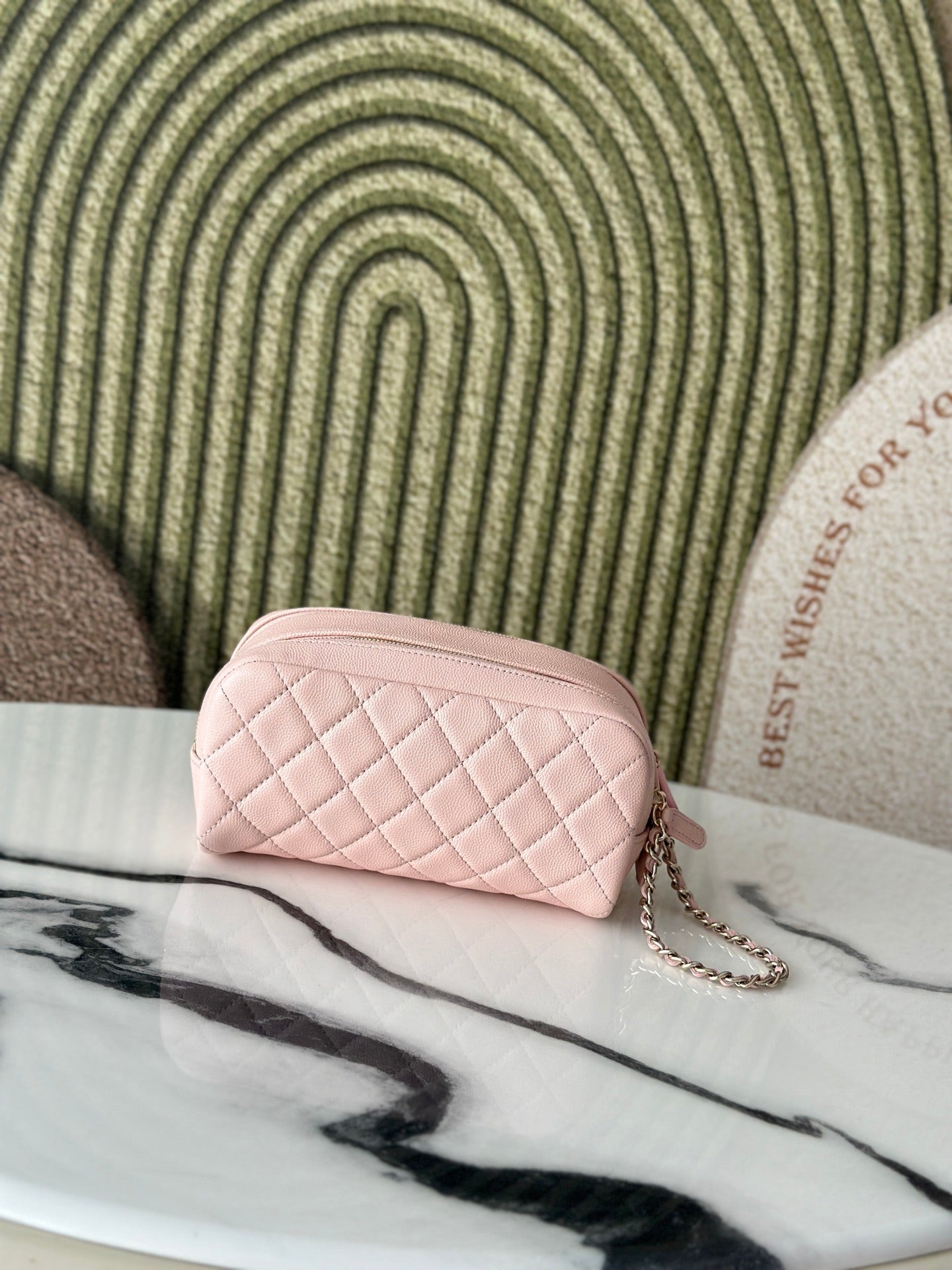 CHANEL 26S CLASSIC QUILTED COSMETIC POUCH 18 IN LIGHT PINK GRAINED CALFSKIN GOLD HARDWARE