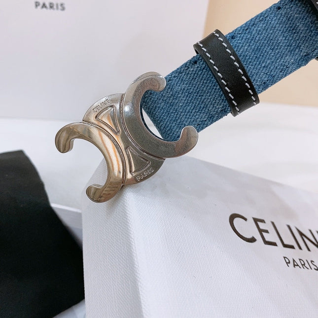 CELINE 25S BELT TRIOMPHE TAURILLON 25MM IN BLACK CALFSKIN AND DENIM 558343