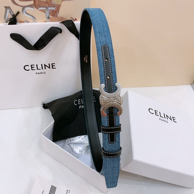 CELINE 25S BELT TRIOMPHE TAURILLON 25MM IN BLACK CALFSKIN AND DENIM 558343