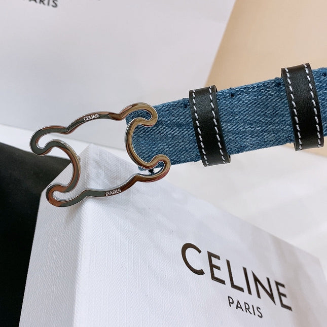 CELINE 25S BELT TRIOMPHE TAURILLON 25MM IN BLACK CALFSKIN AND DENIM 558342