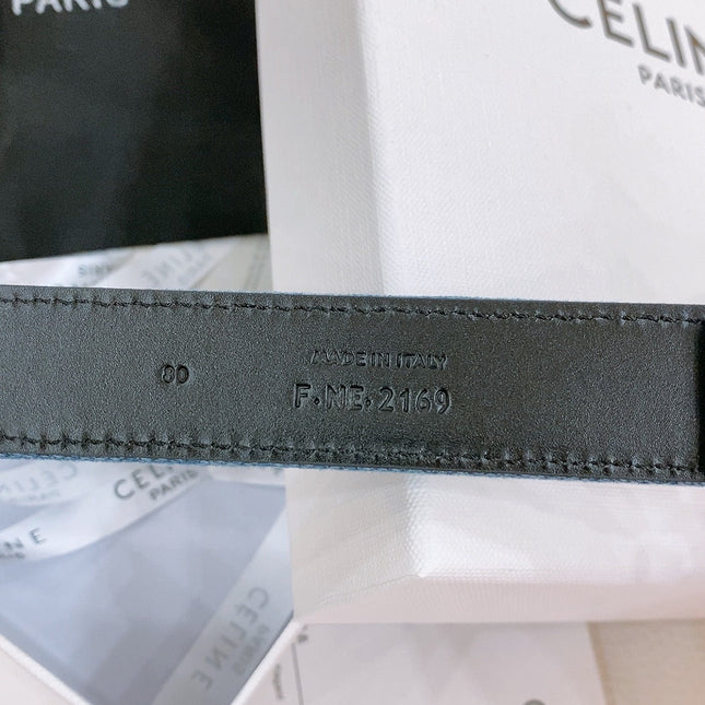 CELINE 25S BELT TRIOMPHE TAURILLON 25MM IN BLACK CALFSKIN AND DENIM 558342