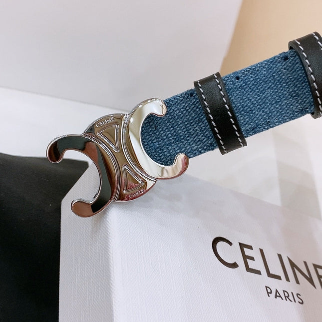 CELINE 25S BELT TRIOMPHE TAURILLON 25MM IN BLACK CALFSKIN AND DENIM 558344