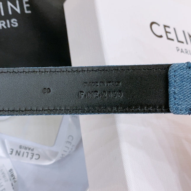 CELINE 25S BELT TRIOMPHE TAURILLON 25MM IN BLACK CALFSKIN AND DENIM 558344