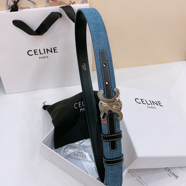 CELINE 25S BELT TRIOMPHE TAURILLON 25MM IN BLACK CALFSKIN AND DENIM 558344