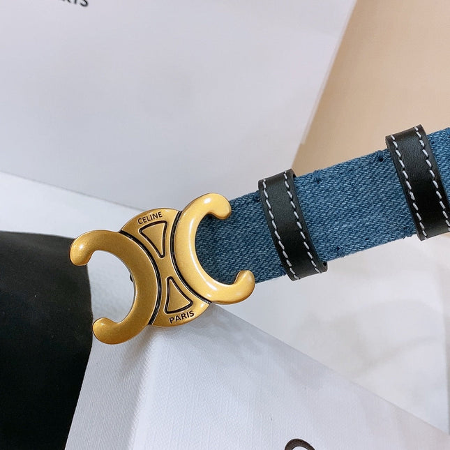 CELINE 25S BELT TRIOMPHE TAURILLON 25MM IN BLACK CALFSKIN AND DENIM 558345