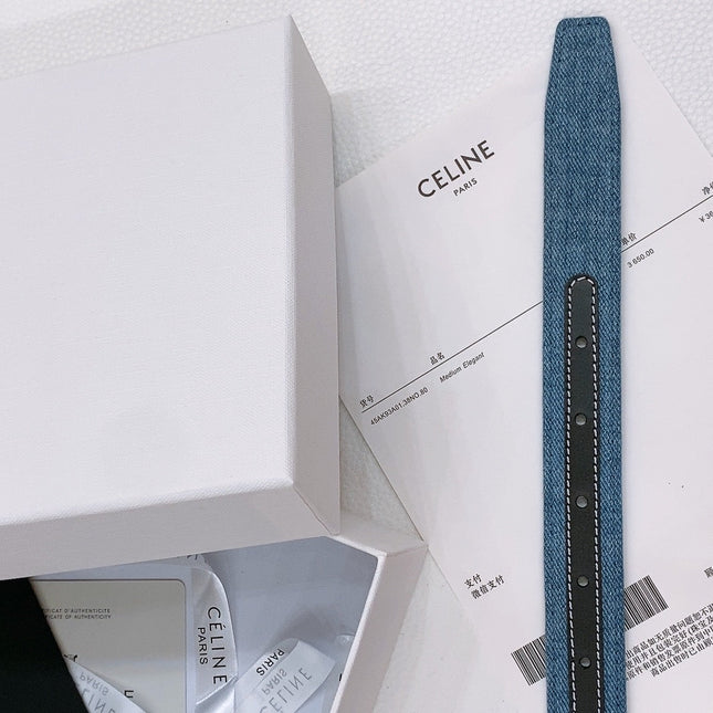 CELINE 25S BELT TRIOMPHE TAURILLON 25MM IN BLACK CALFSKIN AND DENIM 558345