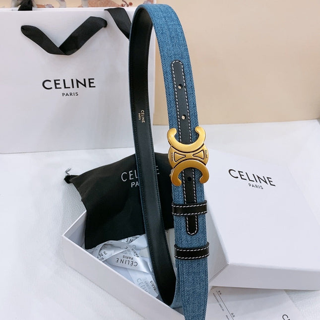 CELINE 25S BELT TRIOMPHE TAURILLON 25MM IN BLACK CALFSKIN AND DENIM 558345