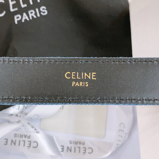 CELINE 25S BELT TRIOMPHE TAURILLON 25MM IN BLACK CALFSKIN AND DENIM 558345
