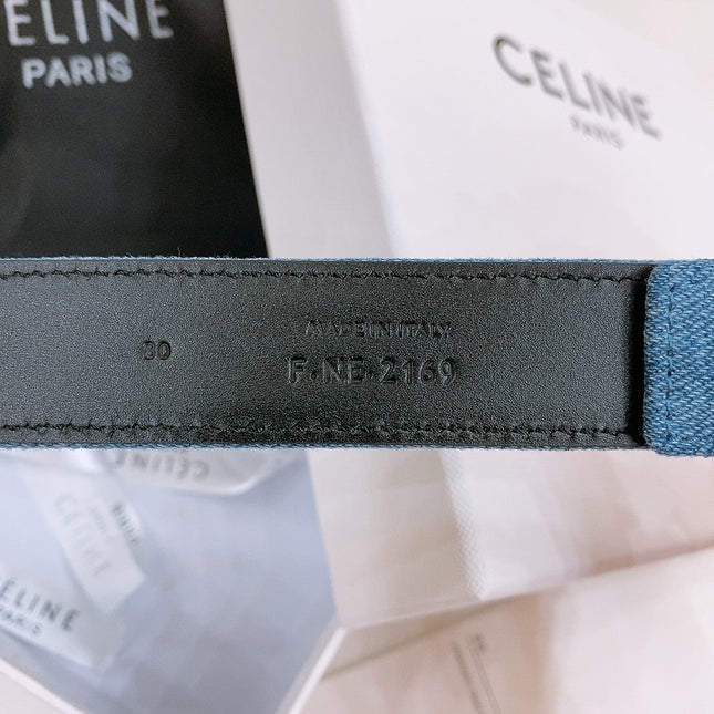CELINE 25S BELT TRIOMPHE TAURILLON 25MM IN BLACK CALFSKIN AND DENIM 558346