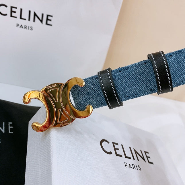 CELINE 25S BELT TRIOMPHE TAURILLON 25MM IN BLACK CALFSKIN AND DENIM 558346