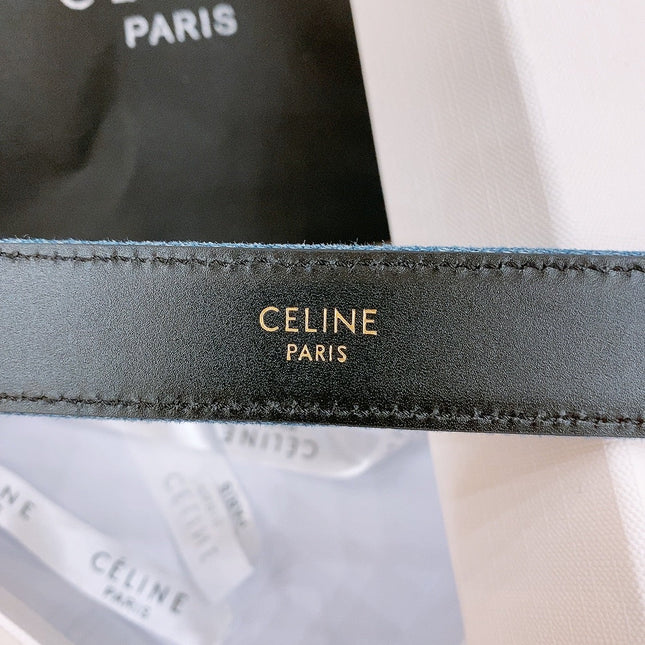 CELINE 25S BELT TRIOMPHE TAURILLON 25MM IN BLACK CALFSKIN AND DENIM 558346