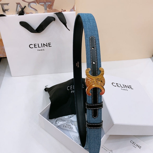 CELINE 25S BELT TRIOMPHE TAURILLON 25MM IN BLACK CALFSKIN AND DENIM 558346