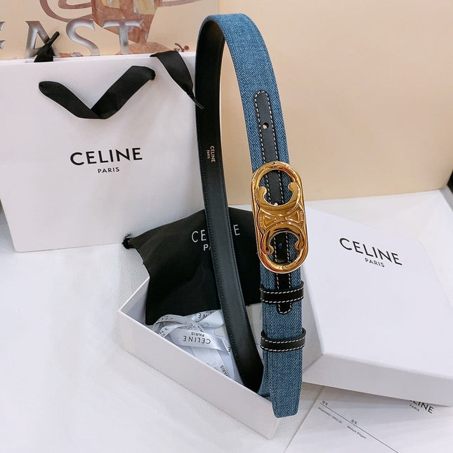 CELINE 25S BELT TRIOMPHE TAURILLON 25MM IN BLACK CALFSKIN AND DENIM 558347