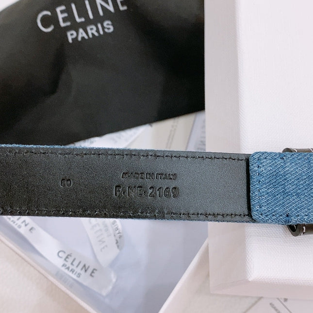 CELINE 25S BELT TRIOMPHE TAURILLON 25MM IN BLACK CALFSKIN AND DENIM 558347
