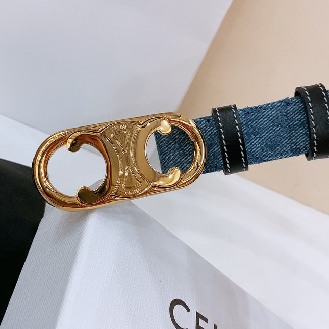 CELINE 25S BELT TRIOMPHE TAURILLON 25MM IN BLACK CALFSKIN AND DENIM 558347