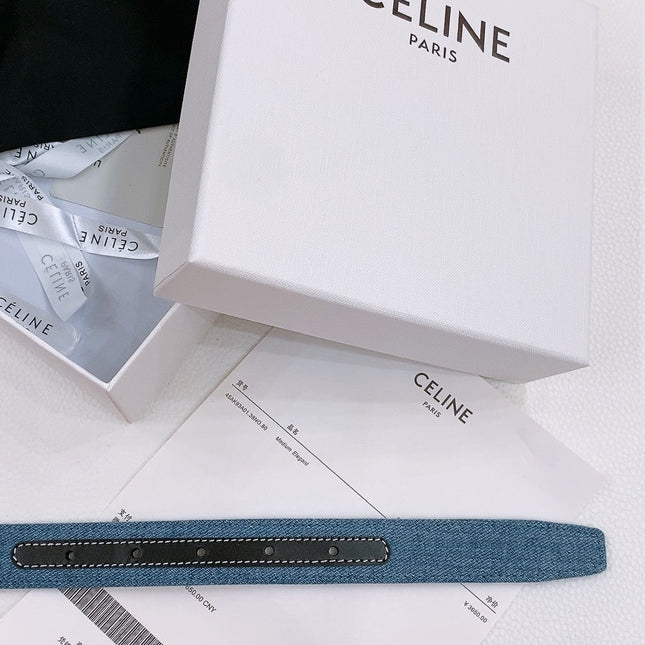 CELINE 25S BELT TRIOMPHE TAURILLON 25MM IN BLACK CALFSKIN AND DENIM 558347