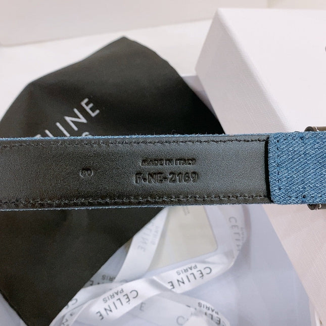 CELINE 25S BELT TRIOMPHE TAURILLON 25MM IN BLACK CALFSKIN AND DENIM 558348