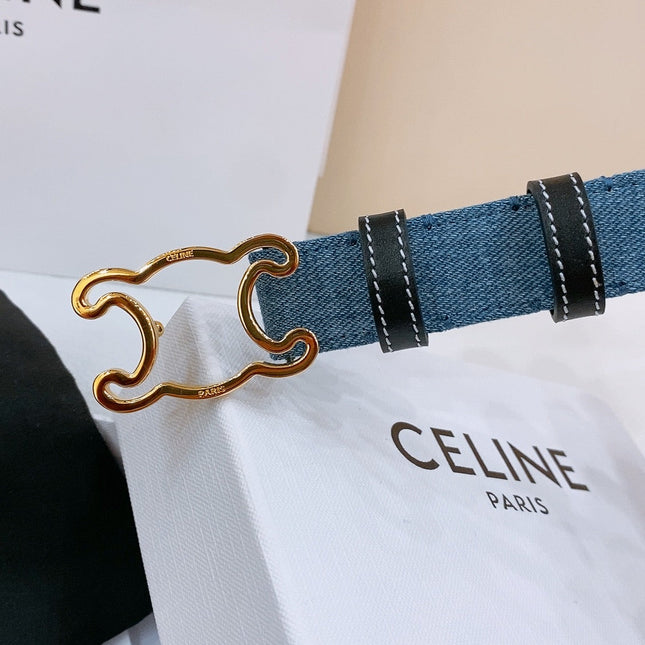 CELINE 25S BELT TRIOMPHE TAURILLON 25MM IN BLACK CALFSKIN AND DENIM 558348