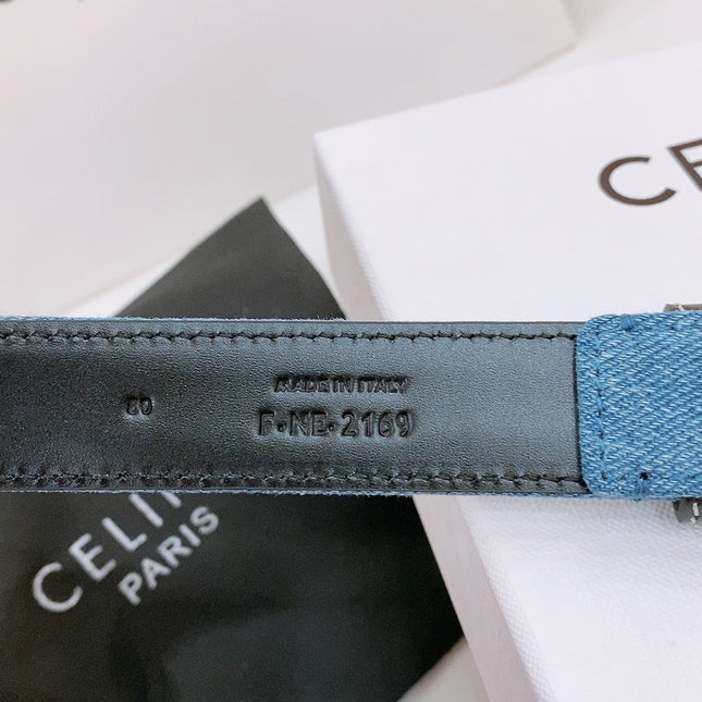 CELINE 25S BELT TRIOMPHE TAURILLON 25MM IN BLACK CALFSKIN AND DENIM 558349