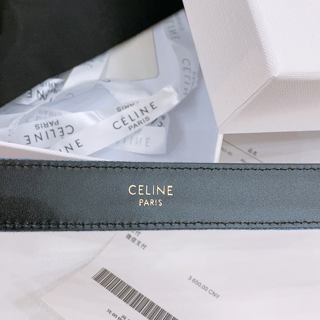 CELINE 25S BELT TRIOMPHE TAURILLON 25MM IN BLACK CALFSKIN AND DENIM 558349