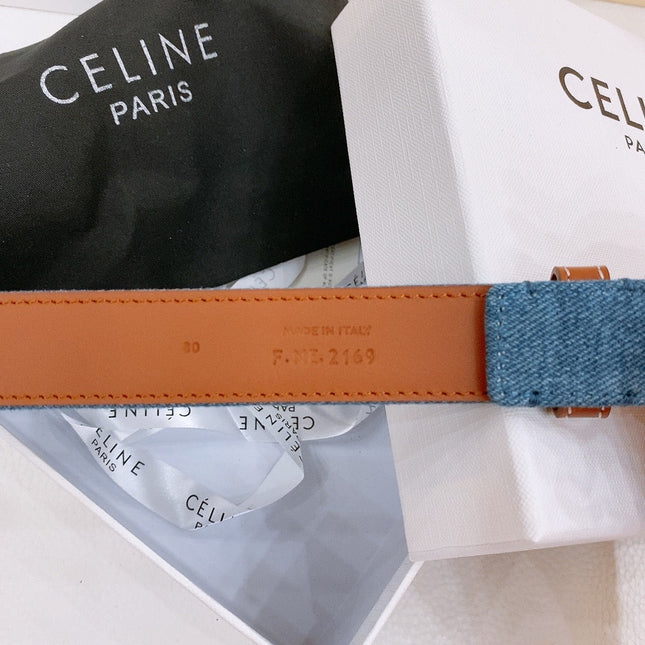 CELINE 25S BELT TRIOMPHE TAURILLON 25MM IN BROWN CALFSKIN AND DENIM 558350