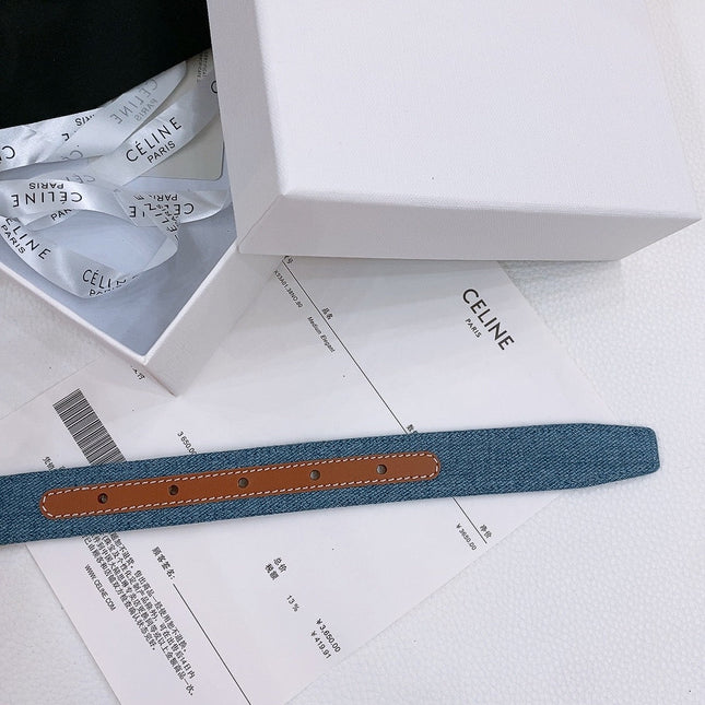 CELINE 25S BELT TRIOMPHE TAURILLON 25MM IN BROWN CALFSKIN AND DENIM 558350