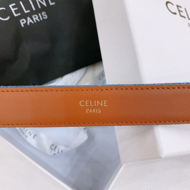 CELINE 25S BELT TRIOMPHE TAURILLON 25MM IN BROWN CALFSKIN AND DENIM 558350
