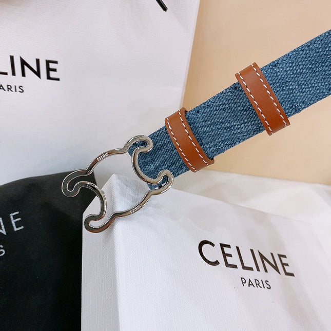 CELINE 25S BELT TRIOMPHE TAURILLON 25MM IN BROWN CALFSKIN AND DENIM 558350