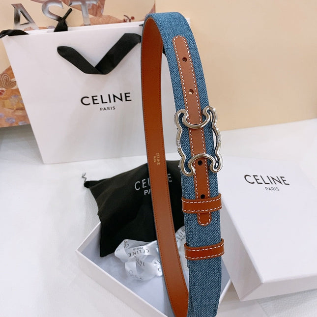 CELINE 25S BELT TRIOMPHE TAURILLON 25MM IN BROWN CALFSKIN AND DENIM 558350
