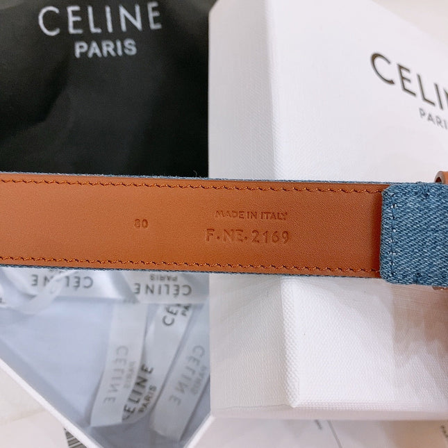 CELINE 25S BELT TRIOMPHE TAURILLON 25MM IN BROWN CALFSKIN AND DENIM 558351