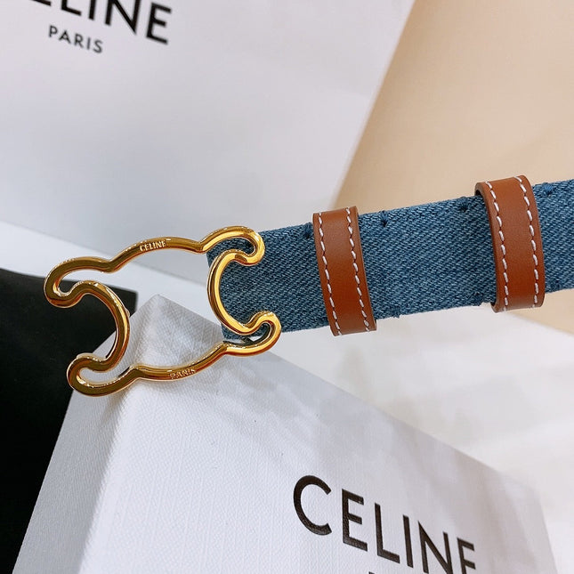 CELINE 25S BELT TRIOMPHE TAURILLON 25MM IN BROWN CALFSKIN AND DENIM 558351