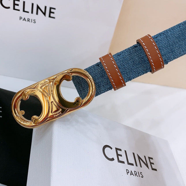 CELINE 25S BELT TRIOMPHE TAURILLON 25MM IN BROWN CALFSKIN AND DENIM 558352
