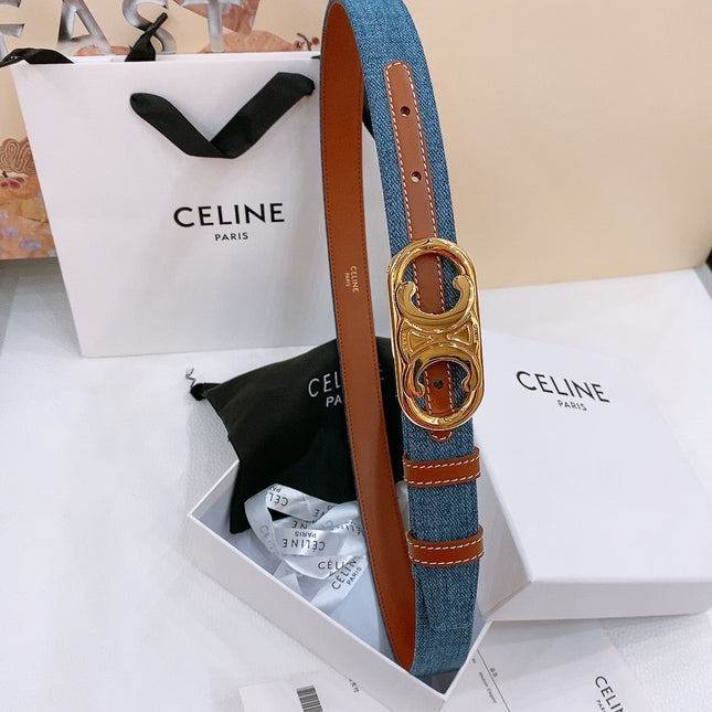 CELINE 25S BELT TRIOMPHE TAURILLON 25MM IN BROWN CALFSKIN AND DENIM 558352